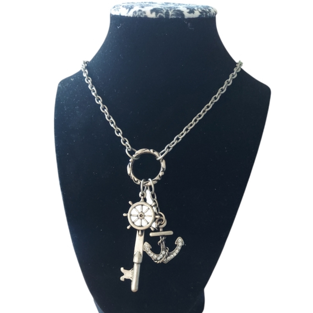 N1065 Sailor Style Anchor & Wheel Key Crystal Accent Long Necklace